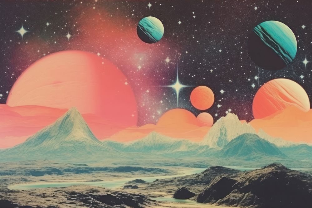 Collage Retro dreamy of star space landscapes astronomy universe outdoors.