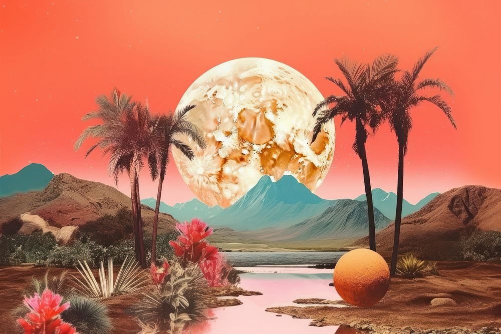 Collage Retro dreamy of summer landscapes outdoors nature moon.