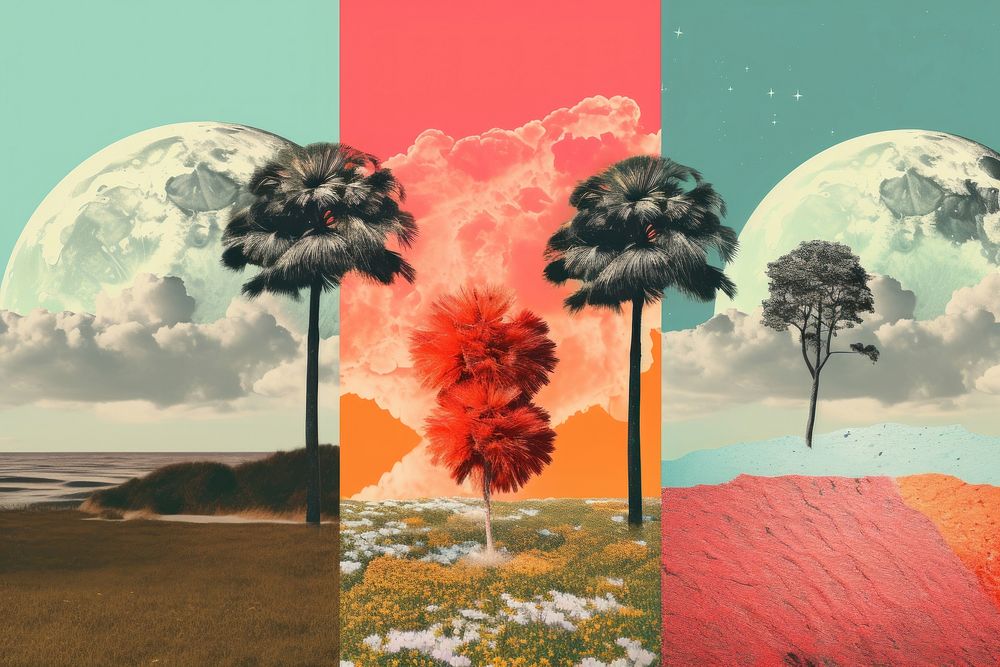 Collage Retro dreamy of summer landscapes outdoors painting nature.