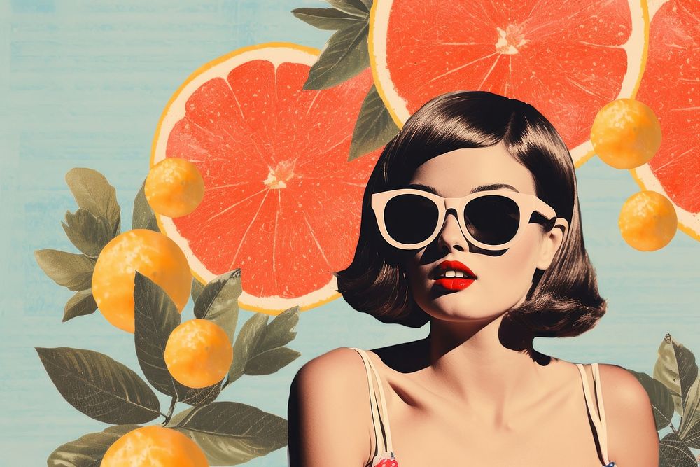 Collage Retro dreamy of summer grapefruit sunglasses portrait.