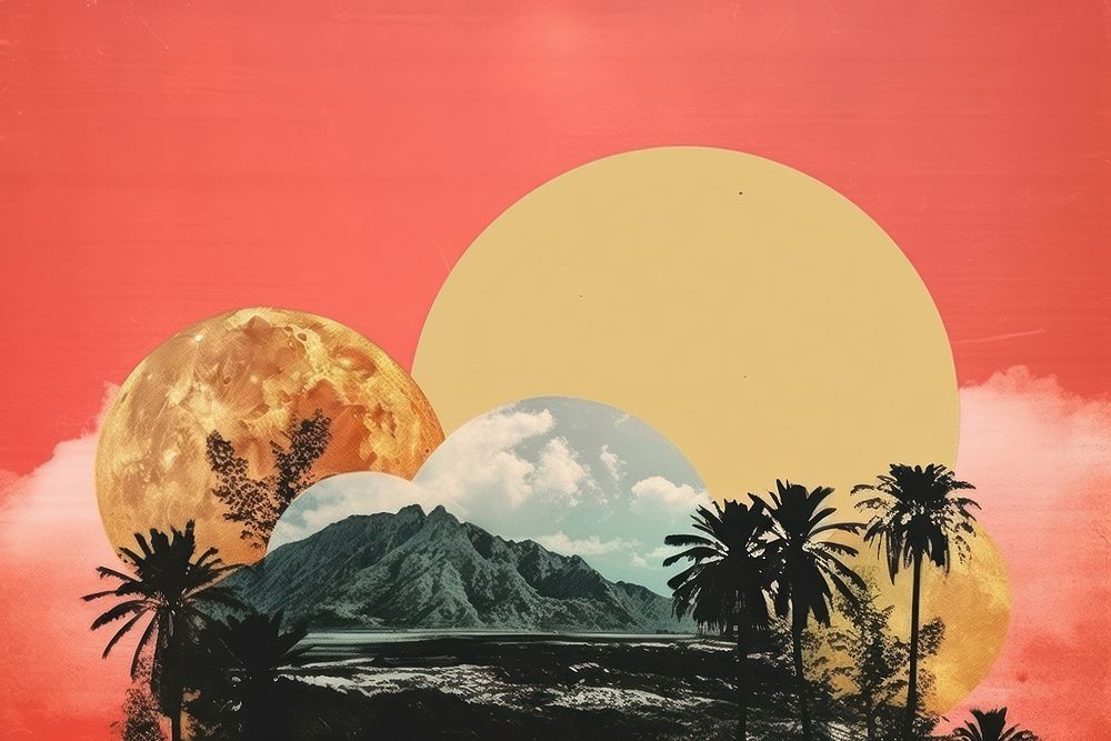 Collage Retro dreamy of sunset mountain outdoors painting.