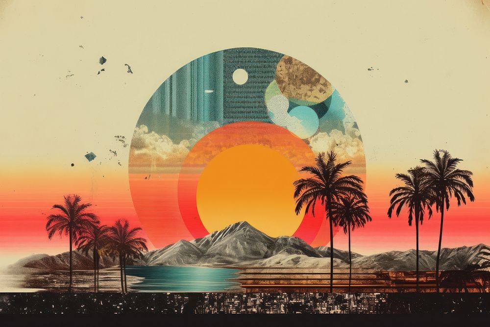 Collage Retro dreamy of sunset painting nature art.