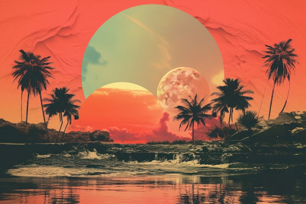 Collage Retro dreamy of sunset landscape outdoors nature.