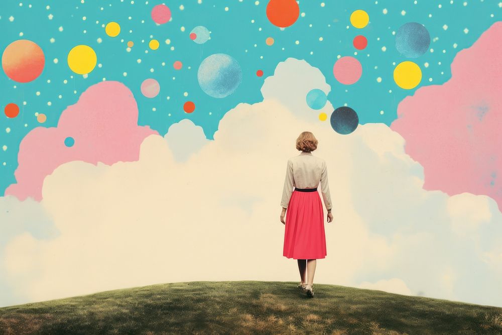 Collage Retro dreamy of sky balloon walking adult.