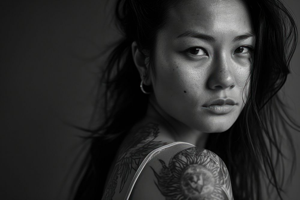 Asian woman with tattoos portrait monochrome adult. AI generated Image by rawpixel.