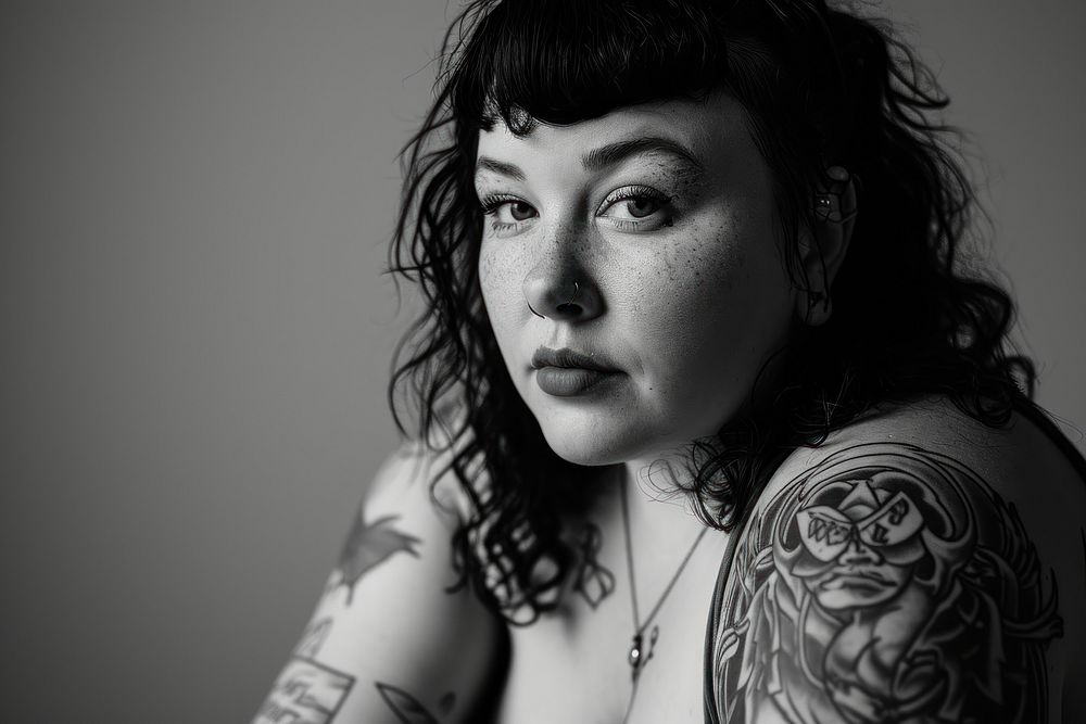 Plus size woman with tattoos portrait monochrome adult. AI generated Image by rawpixel.