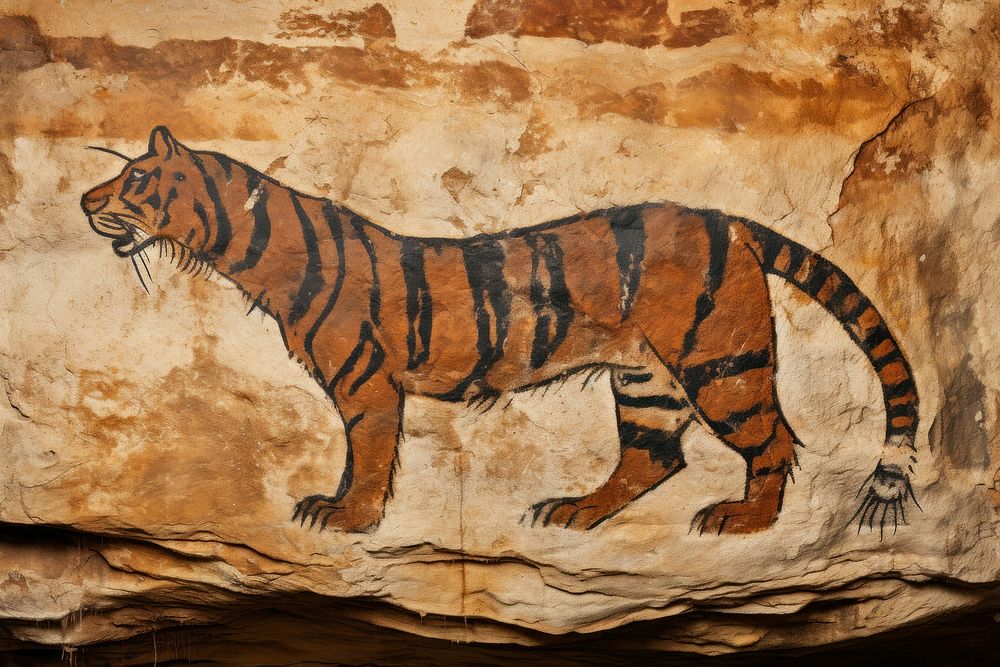 Paleolithic cave art painting style of Tiger tiger wildlife ancient.