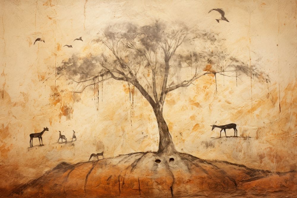 Paleolithic cave art painting style of Tree wildlife outdoors nature.