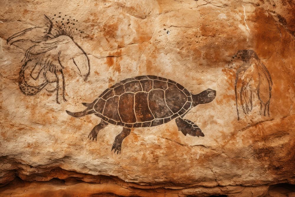 Paleolithic cave art painting style of Turtle reptile ancient animal.