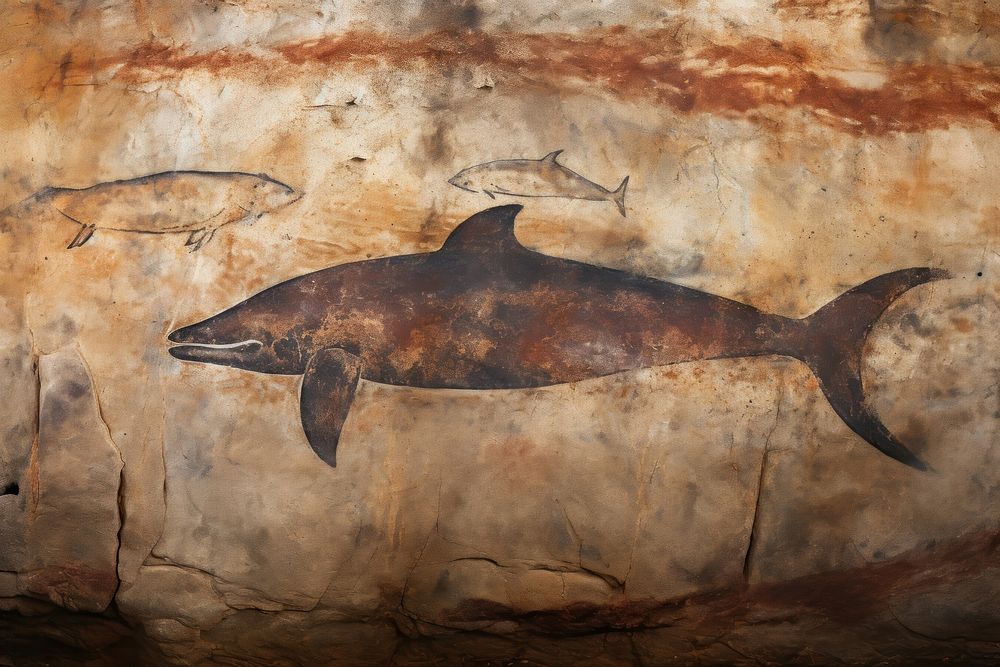 Paleolithic cave art painting style of Whale ancient animal shark.