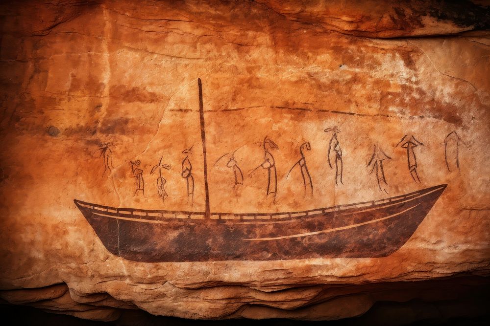 Paleolithic cave art painting style of Boat boat ancient rock.