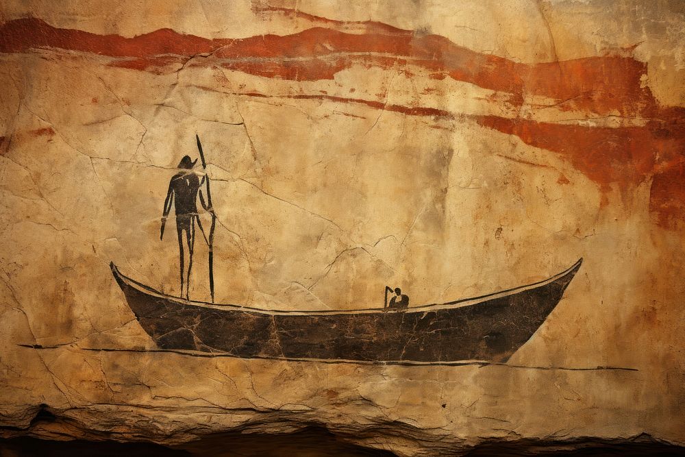 Paleolithic cave art painting style of Boat boat outdoors vehicle.