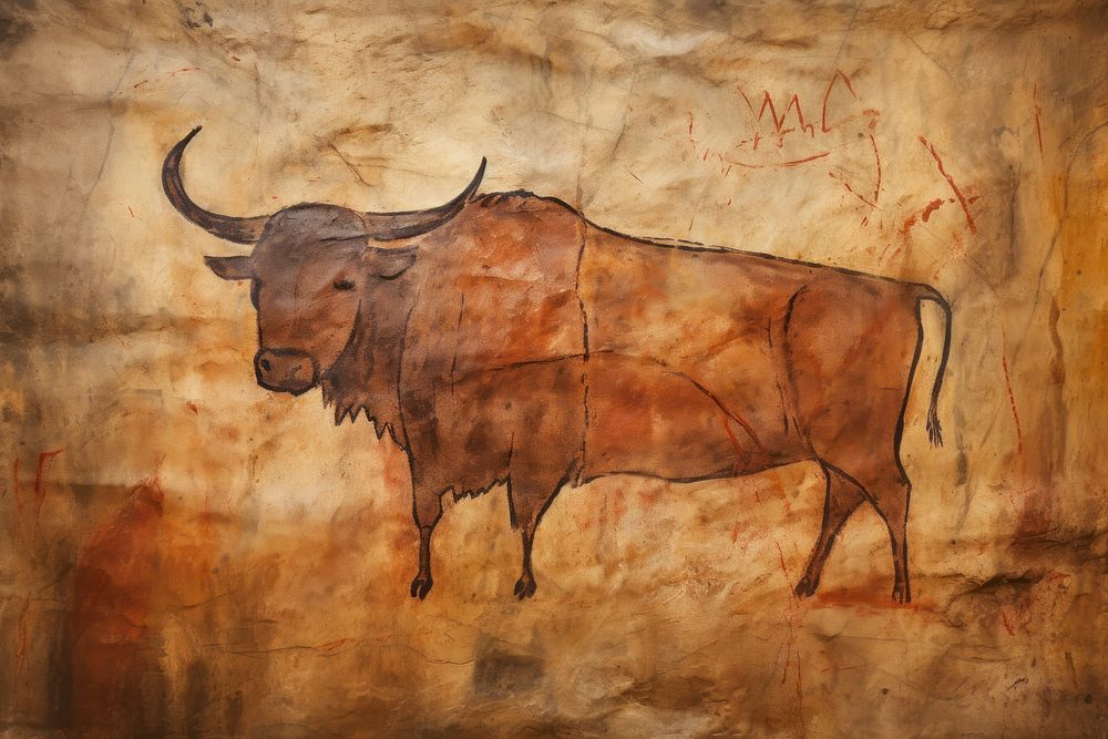 Paleolithic cave art painting style of Bull livestock cattle animal.