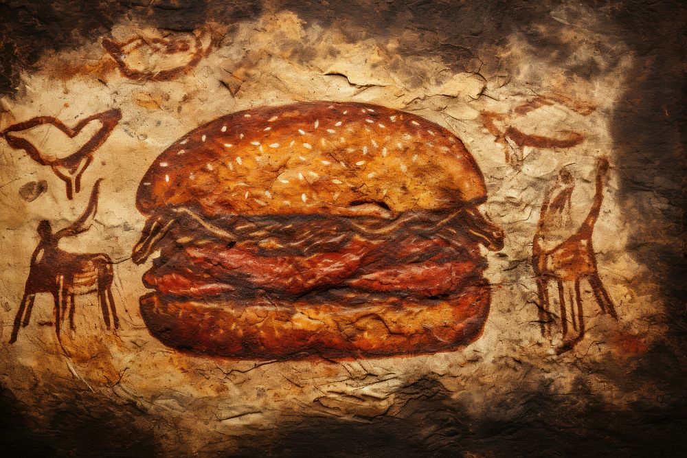 Paleolithic cave art painting style of Burger bread food hamburger.