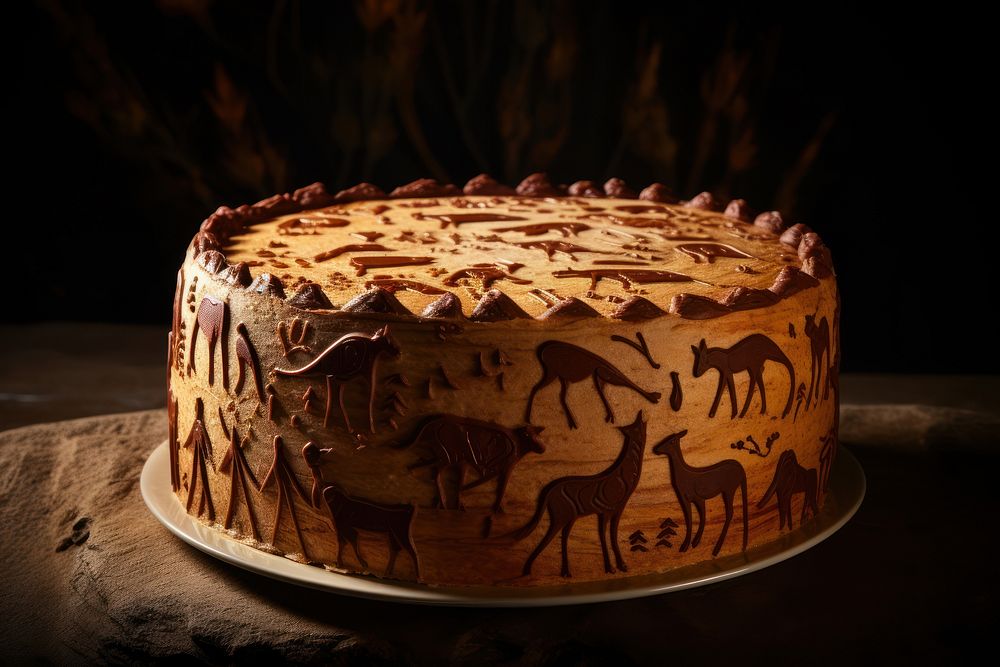 Paleolithic cave art painting style of Cake cake dessert food.