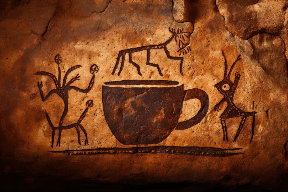 Paleolithic cave art painting style of Coffee ancient coffee cup.