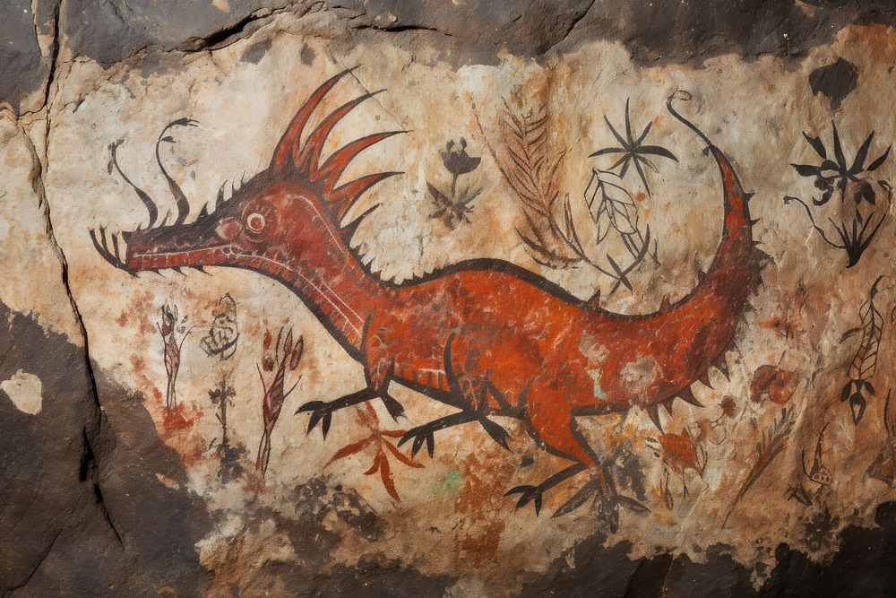 Paleolithic cave art painting style of Dragon ancient animal representation.