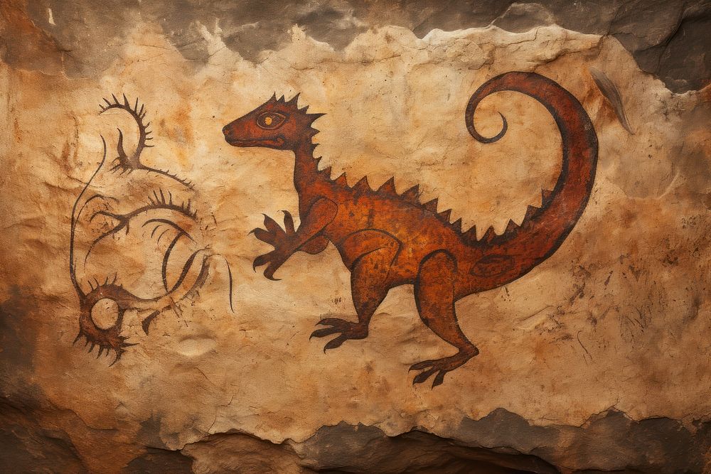 Paleolithic cave art painting style of Dragon dinosaur ancient animal.
