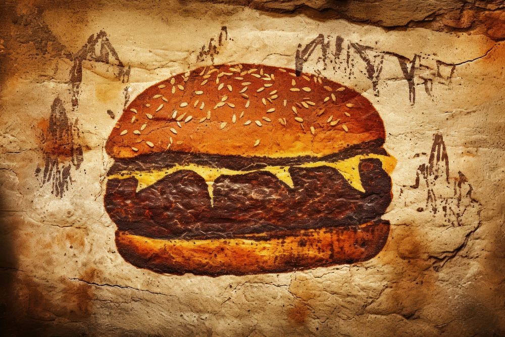 Paleolithic cave art painting style of eat Burger burger bread food.