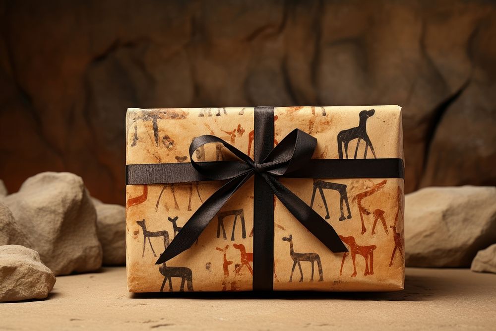 Paleolithic cave art painting style of Gift box gift celebration decoration.
