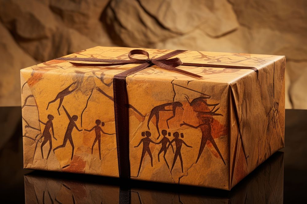 Paleolithic cave art painting style of Gift box gift celebration gift box.