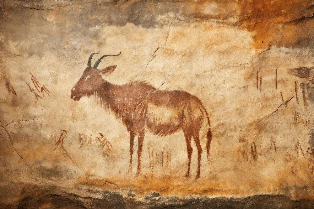 Paleolithic cave art painting style of Goat wildlife ancient animal.