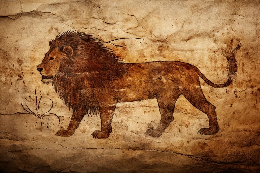 Paleolithic cave art painting style of Lion ancient animal mammal.