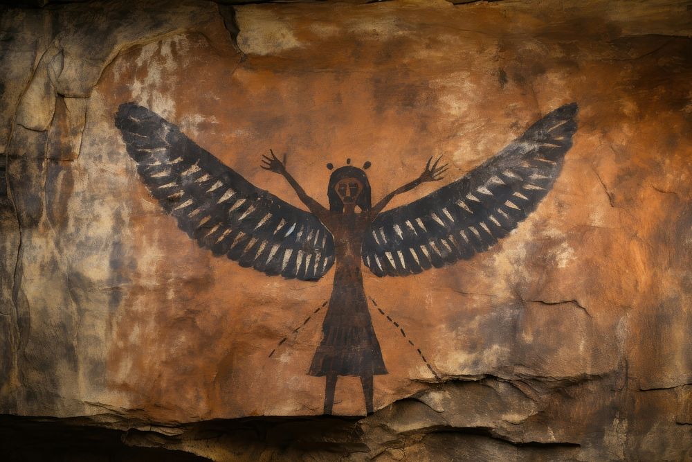 Paleolithic cave art painting style of man with Wings angel rock wing.