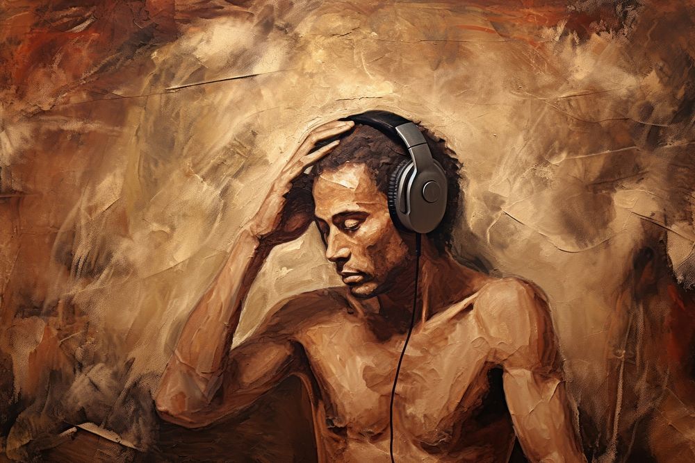 Paleolithic cave art painting style of man using Headphones headphones portrait headset.