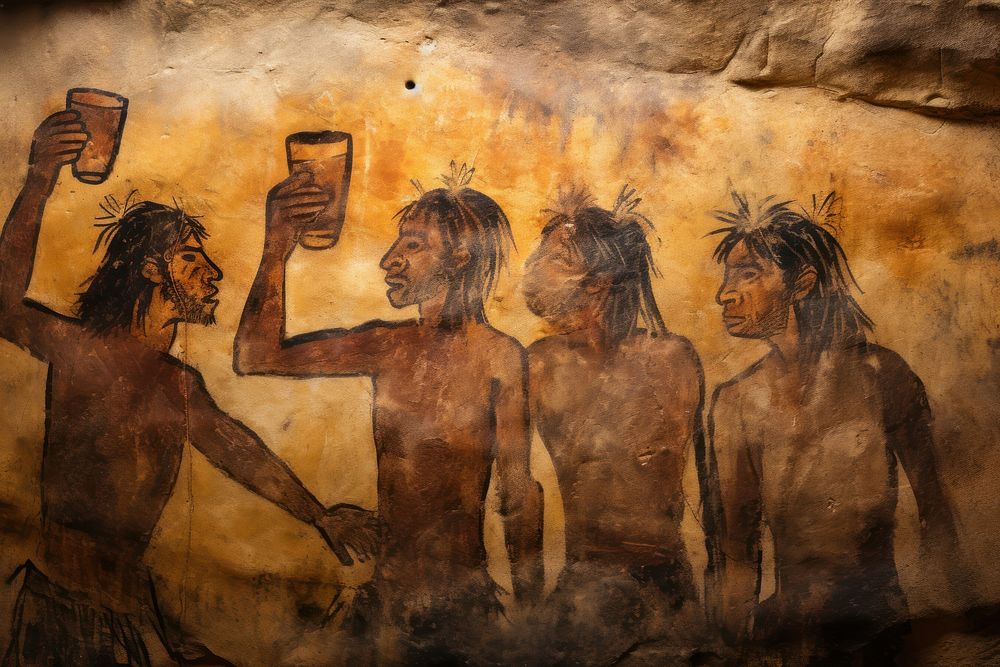 Paleolithic cave art painting style of men drink Beer ancient adult architecture.