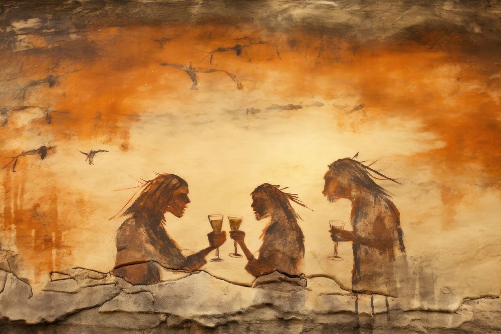 Paleolithic cave art painting style of men drink Beer ancient adult togetherness.