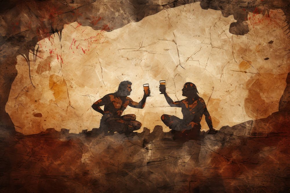 Paleolithic cave art painting style of men drink Beer adult togetherness architecture.