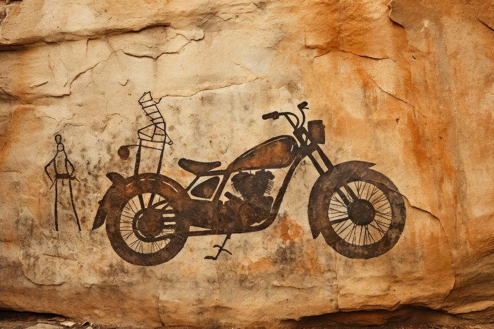 Paleolithic cave art painting style of Motorcycle motorcycle vehicle ancient.