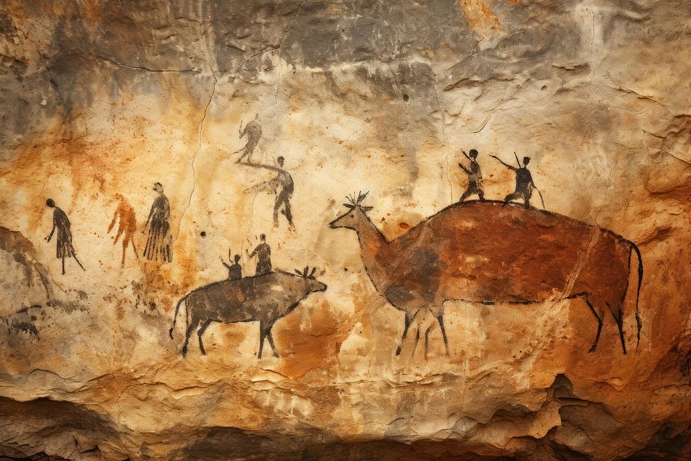 Paleolithic cave art painting style of Mountain livestock wildlife outdoors.