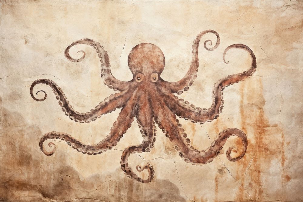 Paleolithic cave art painting style of Octopus octopus ancient animal.