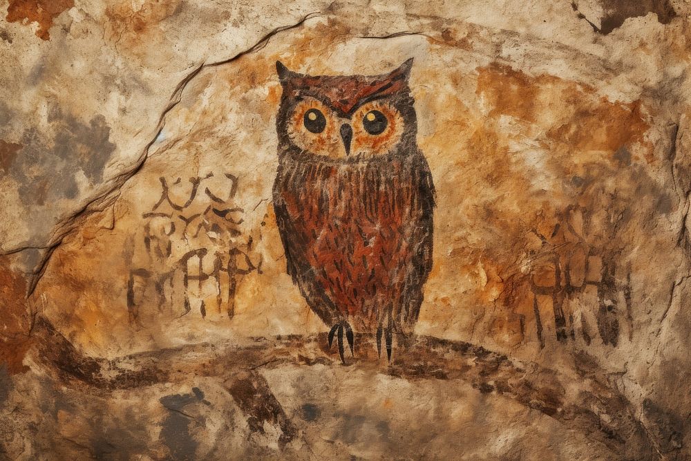 Paleolithic cave art painting style of Owl owl animal bird.