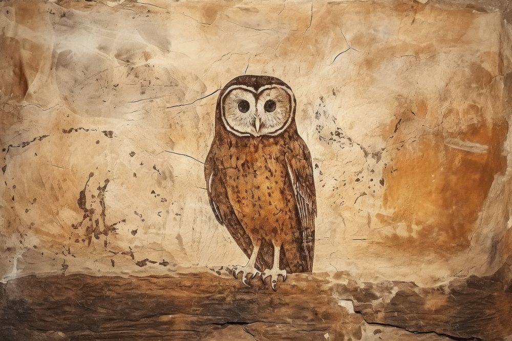 Paleolithic cave art painting style of Owl owl animal bird.