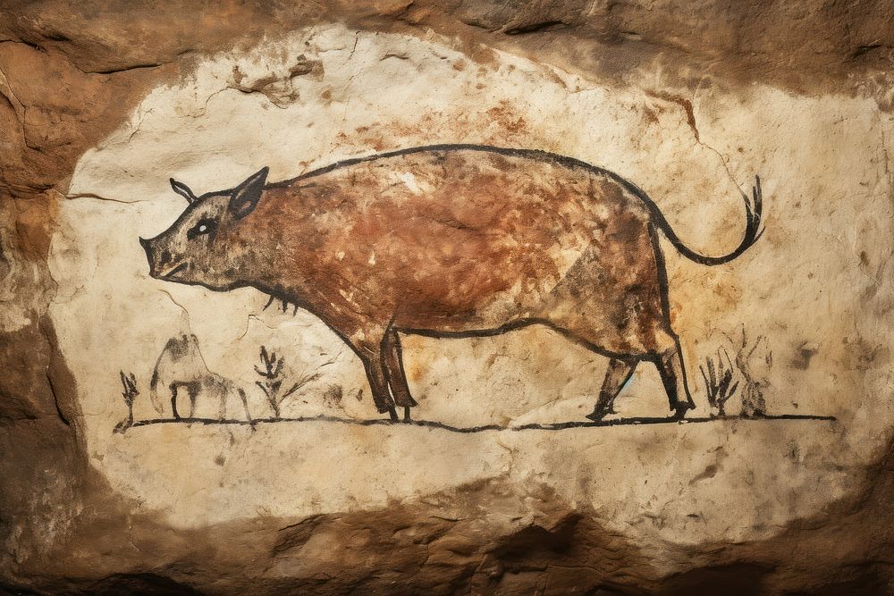 Paleolithic cave art painting style of Pig pig wildlife ancient.