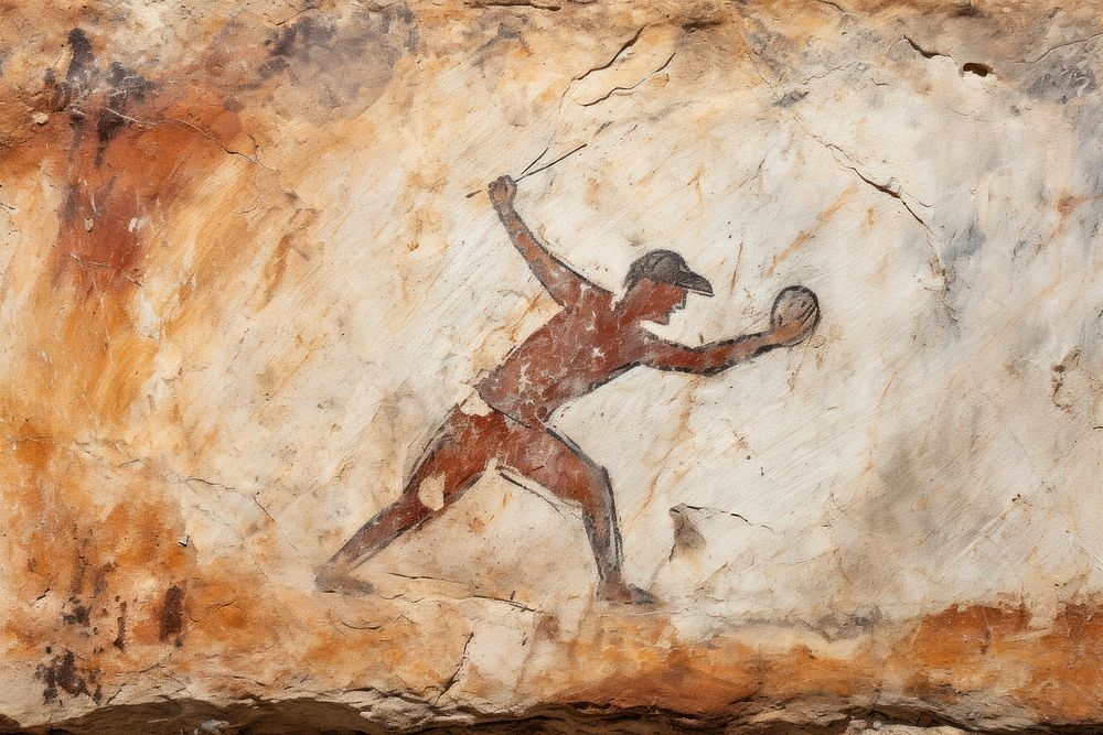 Paleolithic cave art painting style of playing Baseball ancient rock determination.
