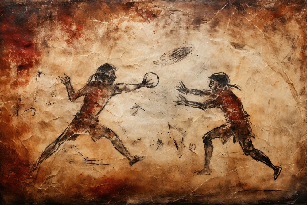 Paleolithic cave art painting style of playing Baseball ancient creativity activity.