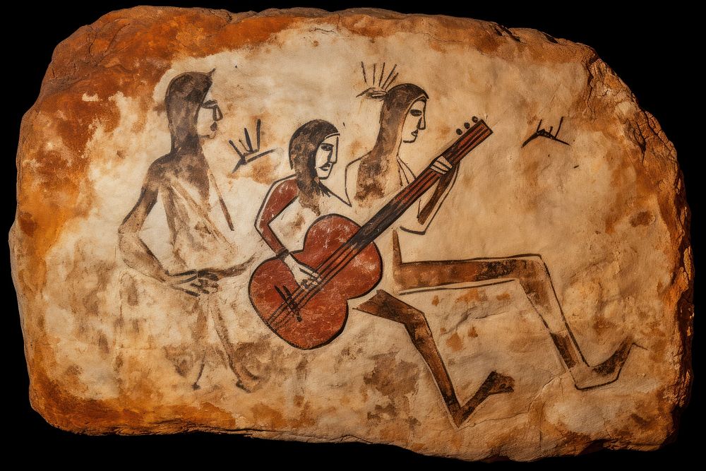 Paleolithic cave art painting style of playing guitar ancient adult representation.