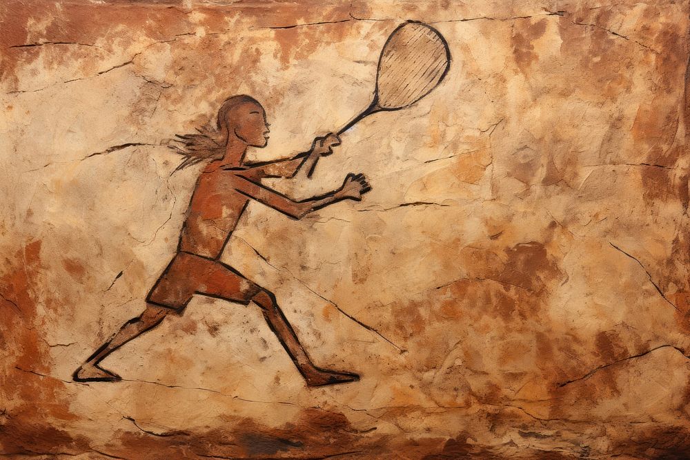 Paleolithic cave art painting style of playing Tennis tennis ancient sports.