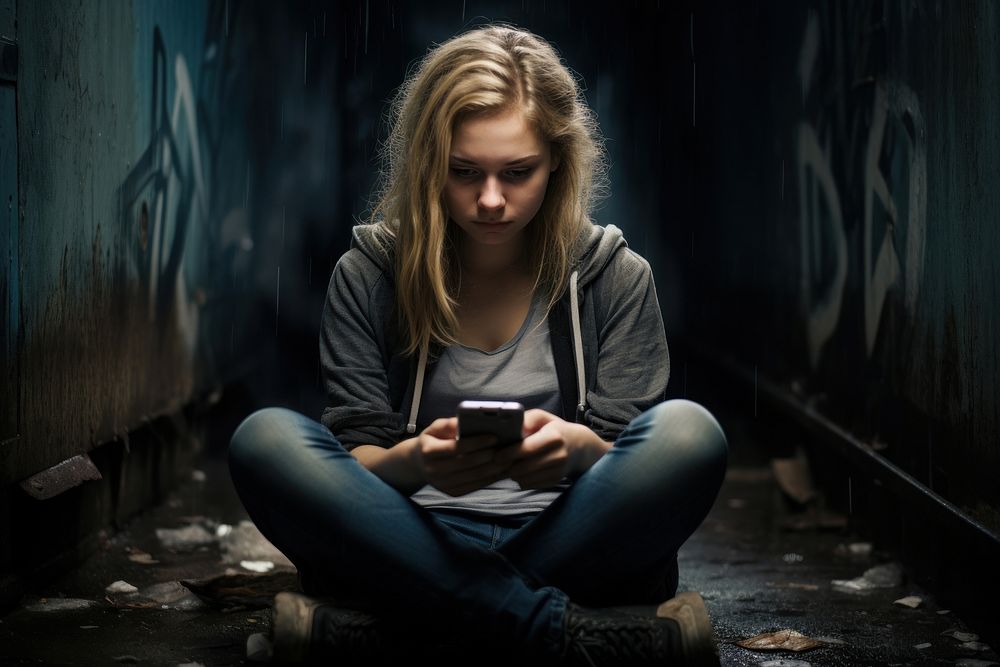 Teenage girl sitting worried photo. AI generated Image by rawpixel.