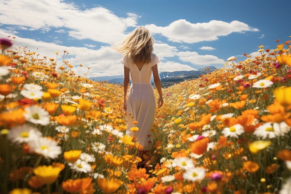 Photo of woman in flower field grassland outdoors walking.