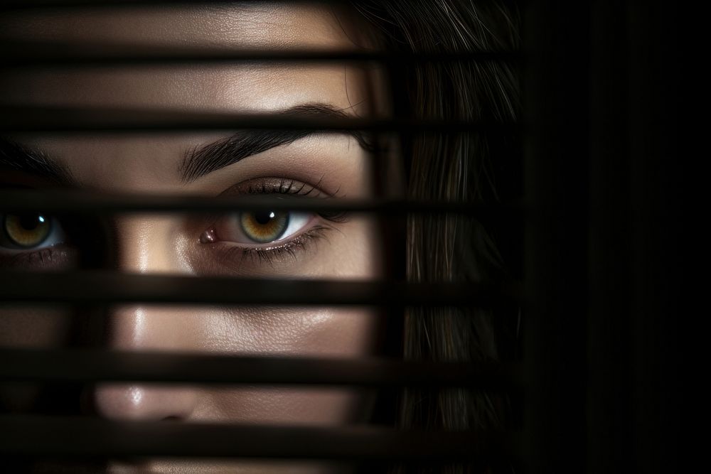 Woman peeking through window blinds portrait adult photo. AI generated Image by rawpixel.