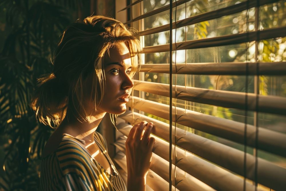 Woman separating slats of blinds and looking through window adult contemplation architecture. AI generated Image by rawpixel.