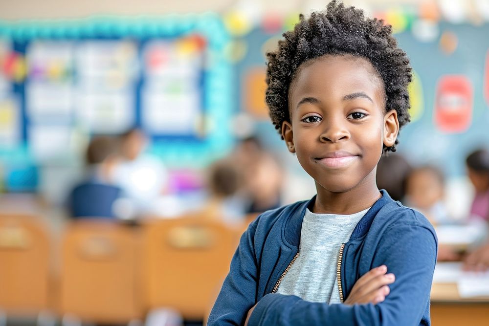Photo of young black student classroom child smile.