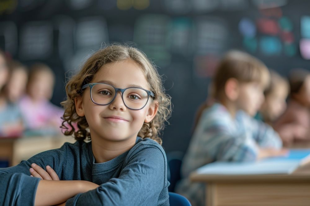 Photo of young student classroom glasses child.