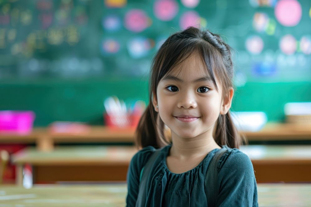 Photo of young student classroom smile child.