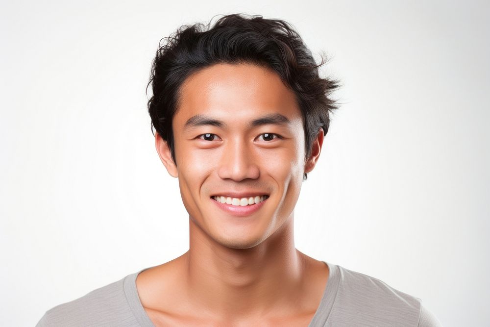 Close up south east asian man no make up smile white background individuality.